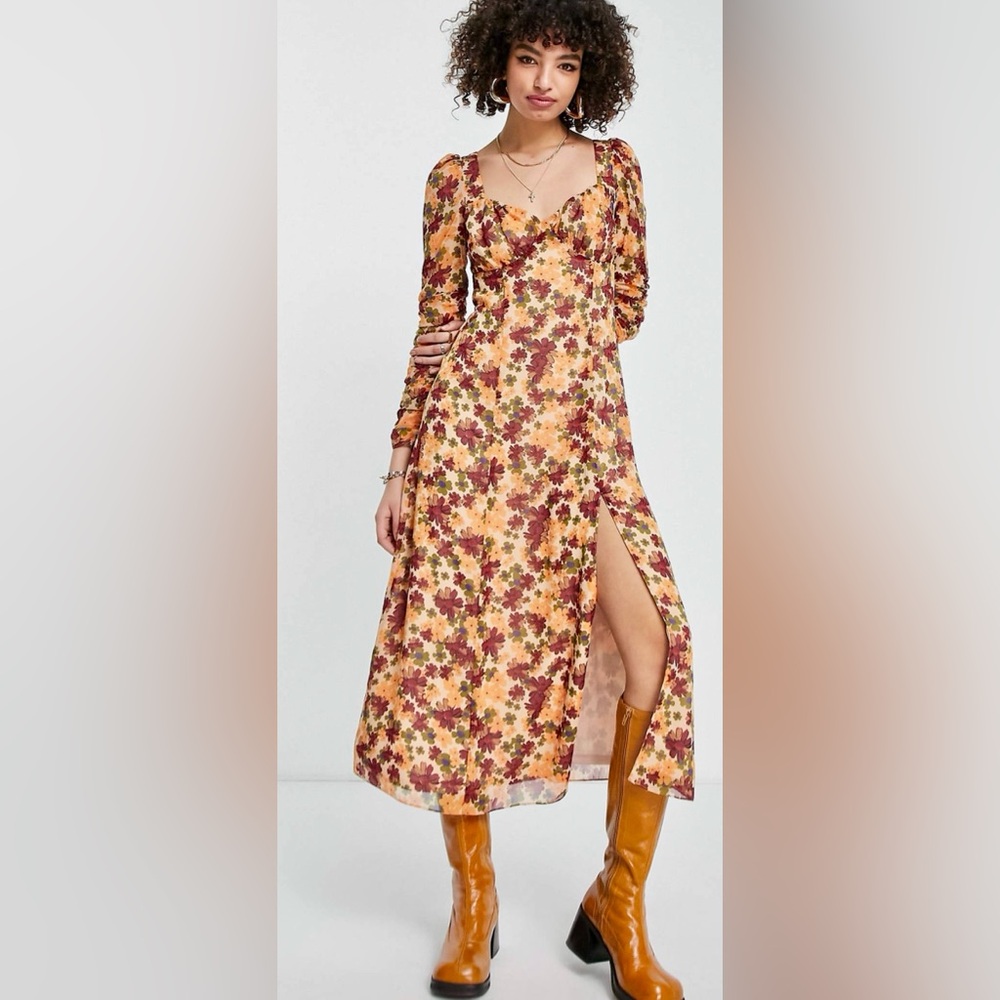 ASOS DESIGN Long Sleeve Sweetheart Neck Front Slit Autumnal Floral Midi Dress